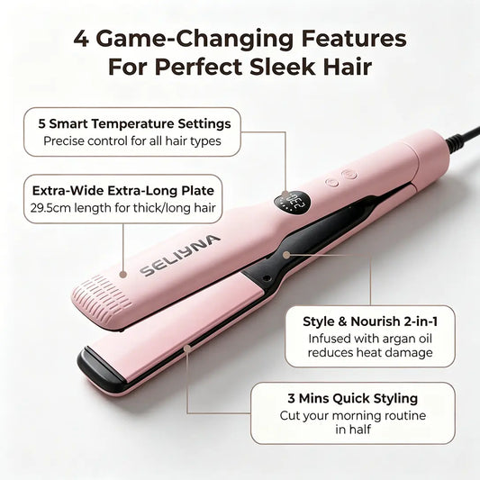 SELIYNA Ionic Hair Straightener, 2-In-1 Wide Plate Flat Iron for Straightening and Curling, Anti-Frizz Styling Tool for All Hair Types, LED Display, Dual Voltage