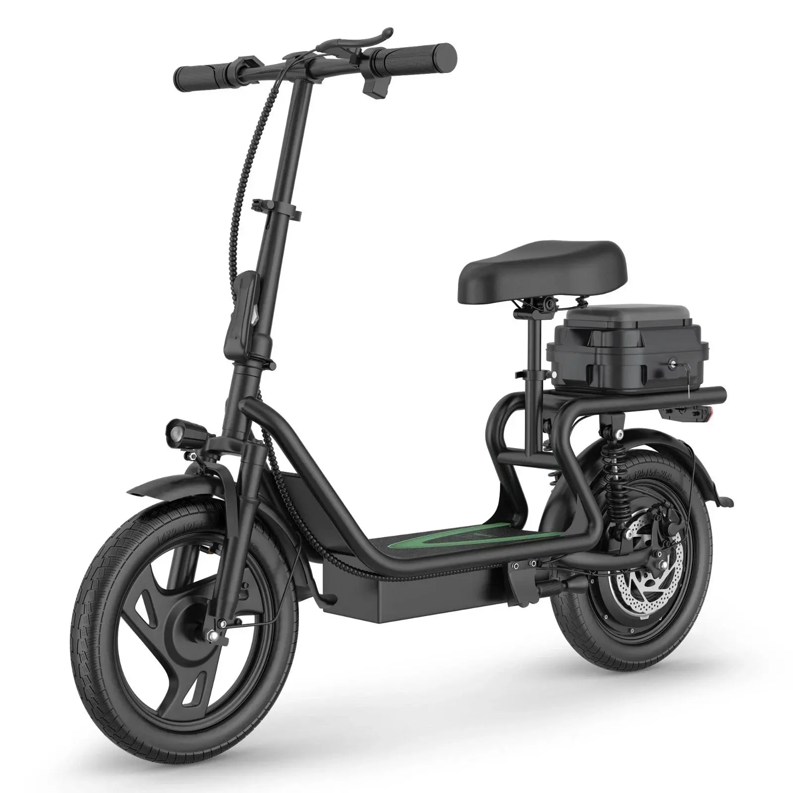 48V Dual Battery Foldable Electric Scooter with Seat, Rear Storage Box, 750W Peak Power, 22MPH Fast Speed, 21-27 Mi Range, 14" Anti-Slip Inflatable Tires, Dual Brake System, 51Lbs Lightweight, 265Lbs Max Load, Waterproof LED Headlamp