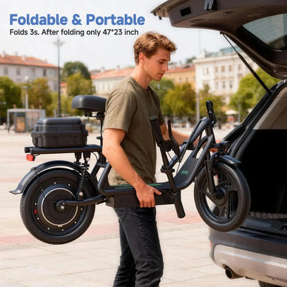 48V Dual Battery Foldable Electric Scooter with Seat, Rear Storage Box, 750W Peak Power, 22MPH Fast Speed, 21-27 Mi Range, 14" Anti-Slip Inflatable Tires, Dual Brake System, 51Lbs Lightweight, 265Lbs Max Load, Waterproof LED Headlamp