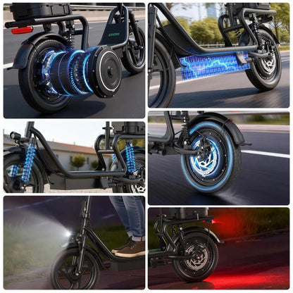 48V Dual Battery Foldable Electric Scooter with Seat, Rear Storage Box, 750W Peak Power, 22MPH Fast Speed, 21-27 Mi Range, 14" Anti-Slip Inflatable Tires, Dual Brake System, 51Lbs Lightweight, 265Lbs Max Load, Waterproof LED Headlamp
