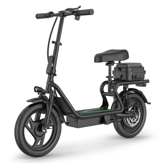 48V Dual Battery Foldable Electric Scooter with Seat, Rear Storage Box, 750W Peak Power, 22MPH Fast Speed, 21-27 Mi Range, 14" Anti-Slip Inflatable Tires, Dual Brake System, 51Lbs Lightweight, 265Lbs Max Load, Waterproof LED Headlamp