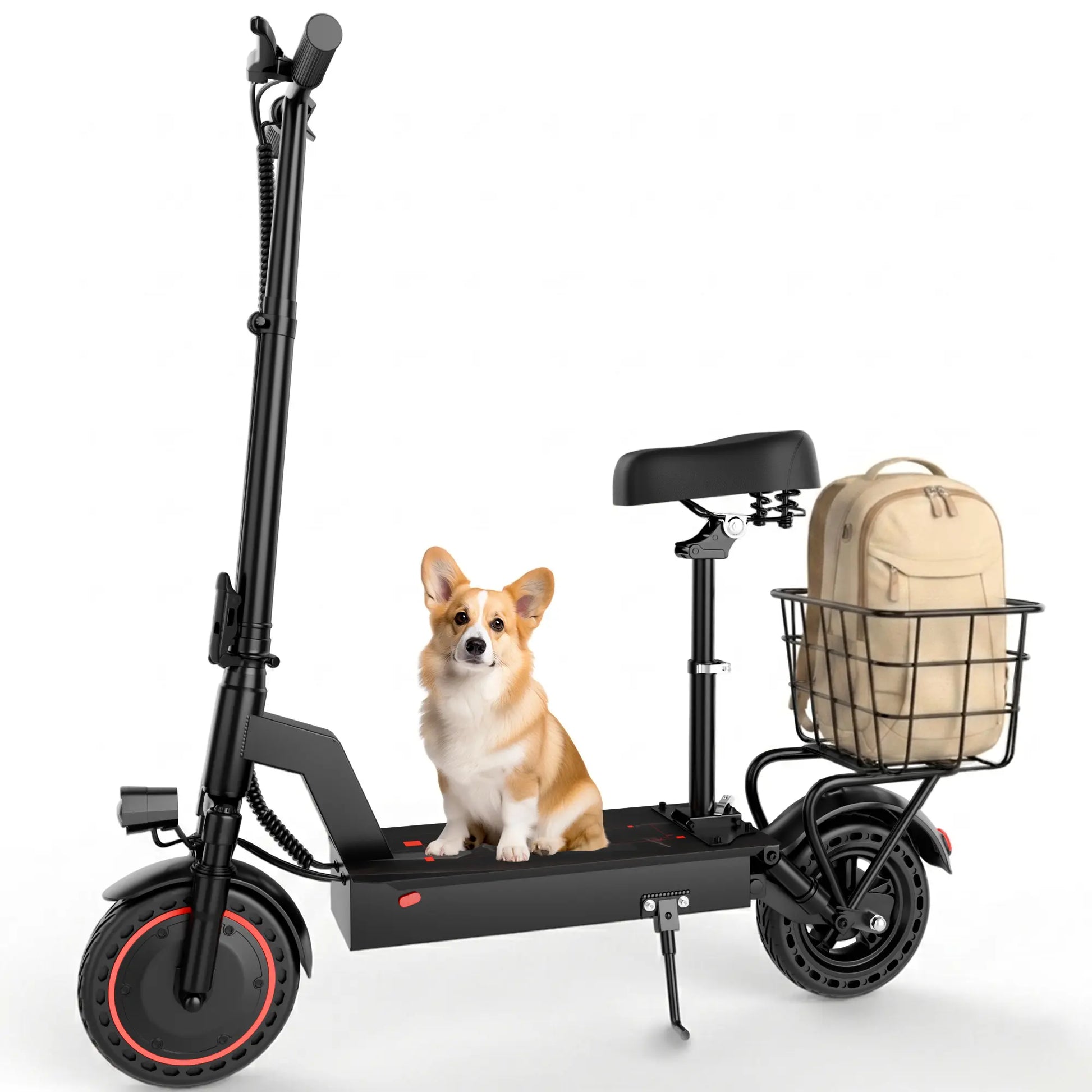 48V Dual Battery Foldable Electric Scooter with Seat, Rear Storage Box, 750W Peak Power, 22MPH Fast Speed, 21-27 Mi Range, 14" Anti-Slip Inflatable Tires, Dual Brake System, 51Lbs Lightweight, 265Lbs Max Load, Waterproof LED Headlamp
