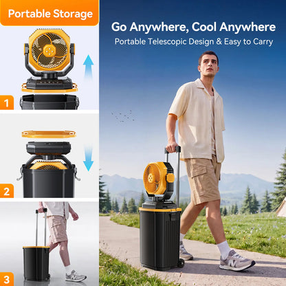Portable Bucket Misting Fan-4 Gallon, 30000Mah Outdoor Oscillating Cooling Fan with Water Spray for Patios, 12 Inch Rechargeable Battery Camping Fan with Remote, Beach/Travel Essentials Brushless Motor Fan