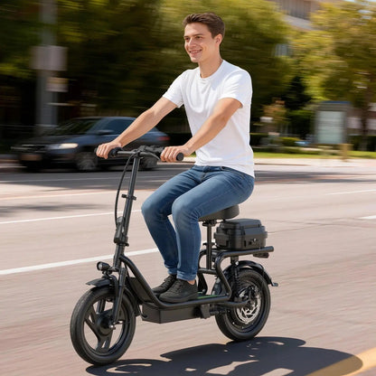 48V Dual Battery Foldable Electric Scooter with Seat, Rear Storage Box, 750W Peak Power, 22MPH Fast Speed, 21-27 Mi Range, 14" Anti-Slip Inflatable Tires, Dual Brake System, 51Lbs Lightweight, 265Lbs Max Load, Waterproof LED Headlamp