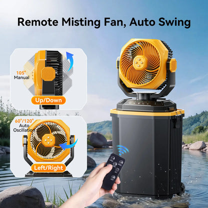 Portable Bucket Misting Fan-4 Gallon, 30000Mah Outdoor Oscillating Cooling Fan with Water Spray for Patios, 12 Inch Rechargeable Battery Camping Fan with Remote, Beach/Travel Essentials Brushless Motor Fan