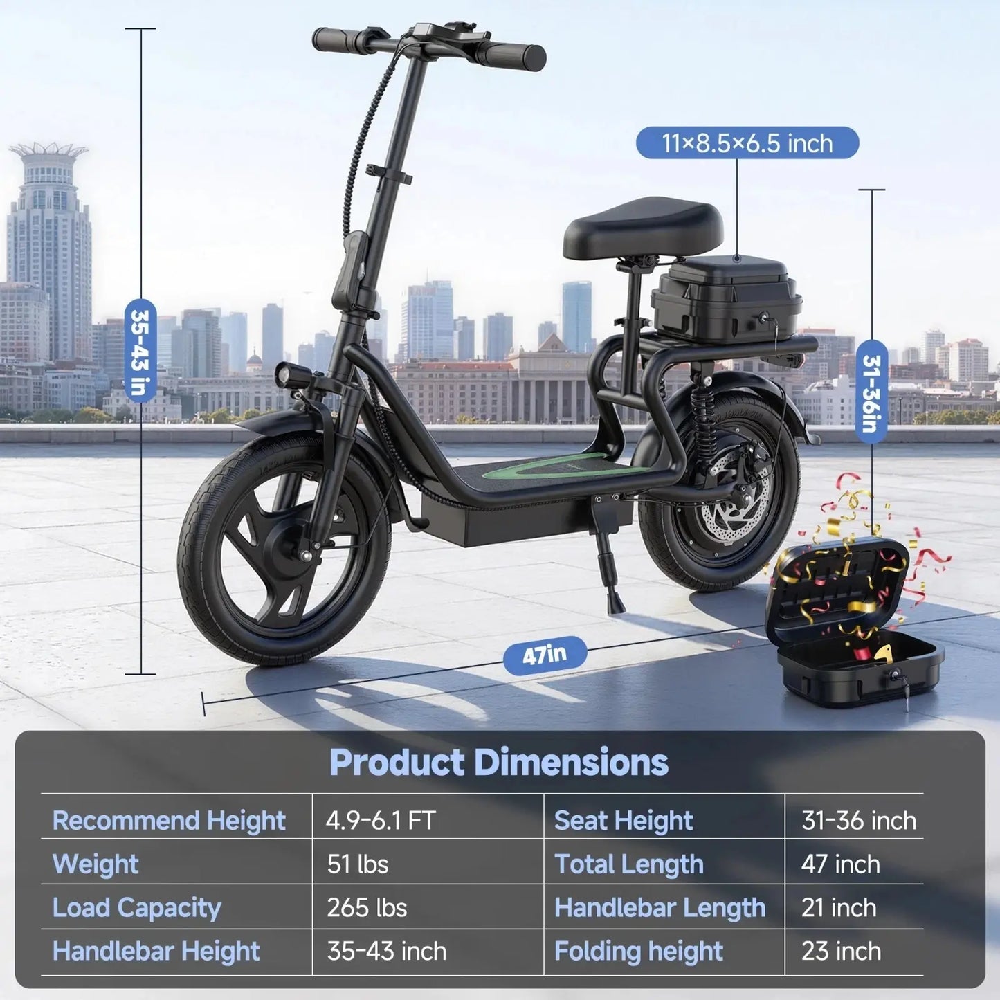 48V Dual Battery Foldable Electric Scooter with Seat, Rear Storage Box, 750W Peak Power, 22MPH Fast Speed, 21-27 Mi Range, 14" Anti-Slip Inflatable Tires, Dual Brake System, 51Lbs Lightweight, 265Lbs Max Load, Waterproof LED Headlamp